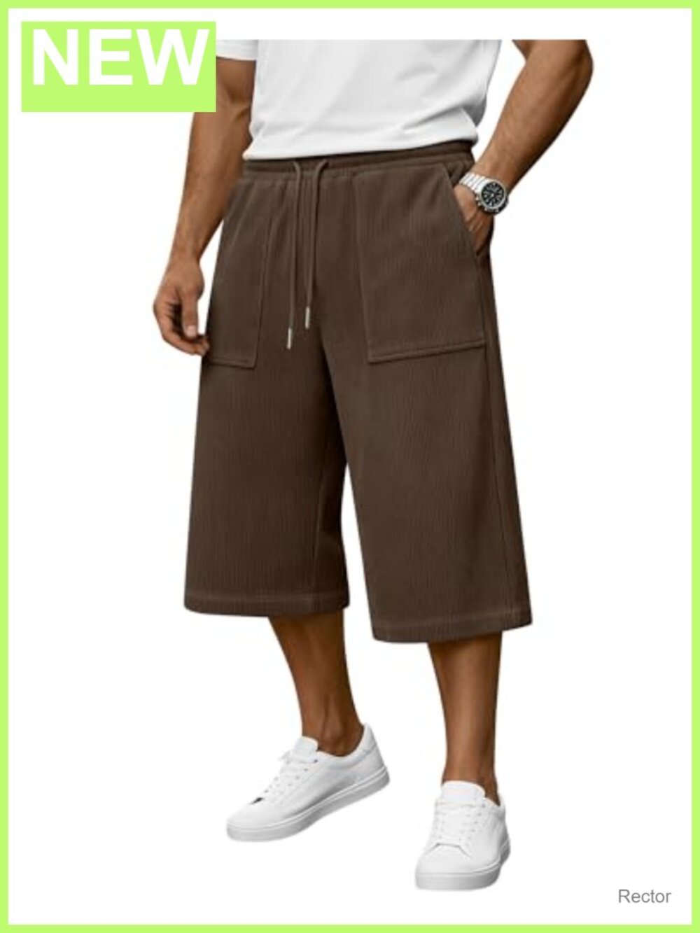 Men's Baggy Corduroy Capri Long Shorts, Drawstring Waist, Wide Leg 3/4 Pants
